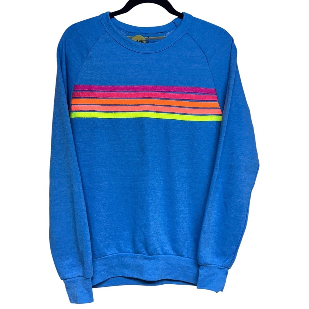 Aviator Nation 5 STRIPE CREW OCEAN BLUE NEON SWEATSHIRT‎ SIZE SMALL